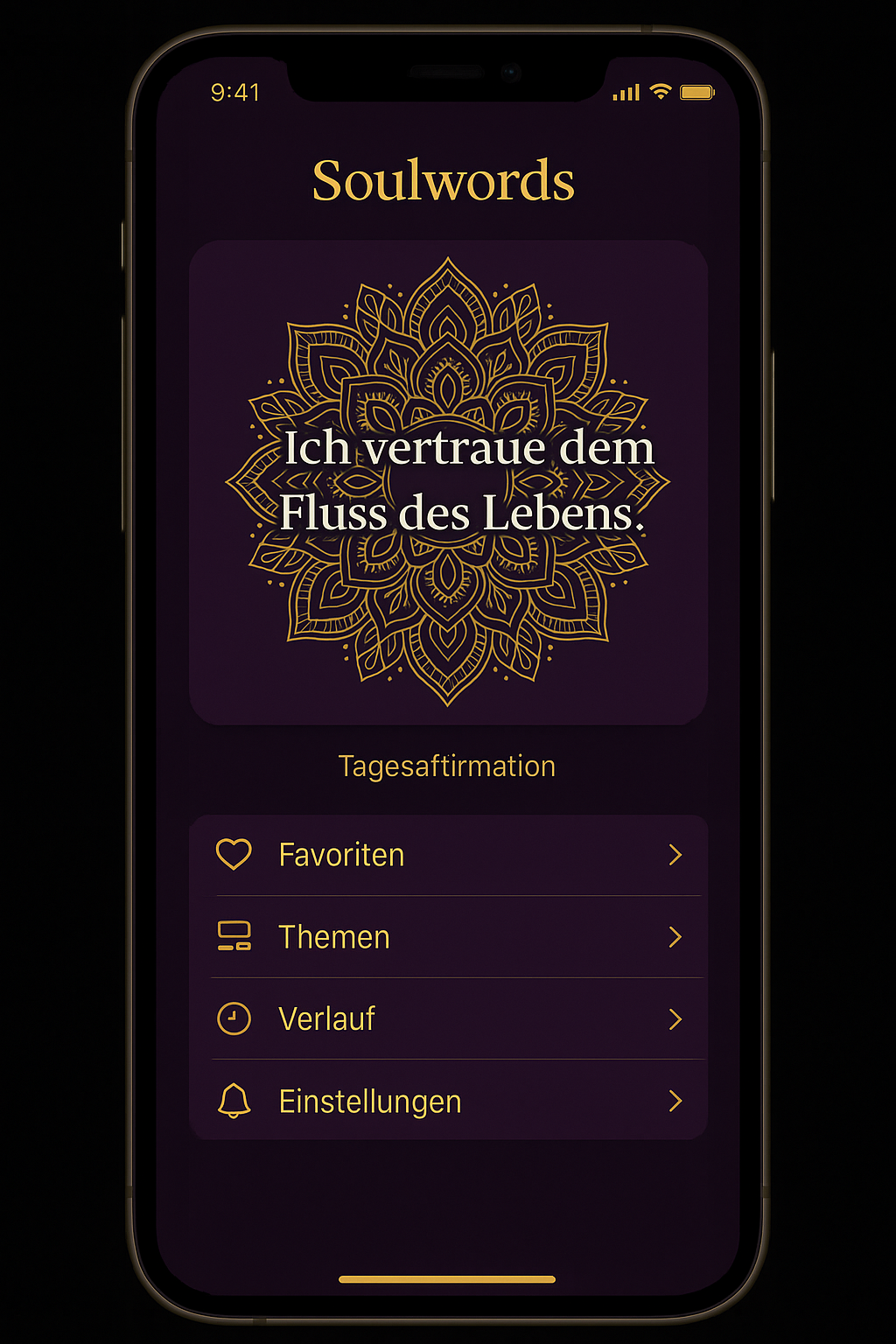 Soulwords App – Vorschau in Gold/Violett